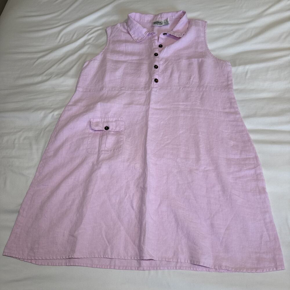 Vtg Kiko Womens Large Pink 100% Linen Slevless Collared Dress Beach Cover Up EUC